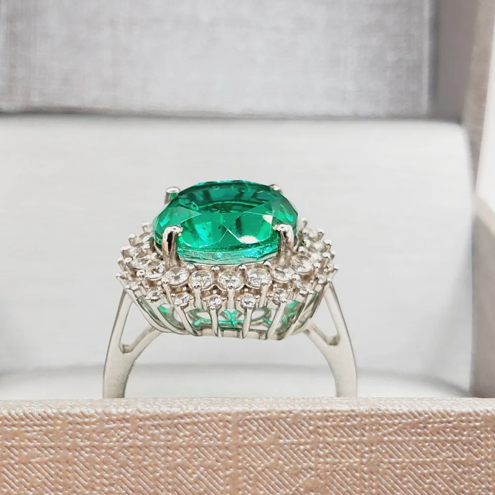 Emerald Green Quartz & White Zircon Halo Ring Platinum - 925 Sterling Silver